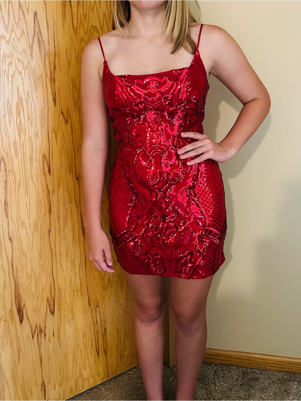B Darlin Red Sequin Mini Dress with Spaghetti Straps